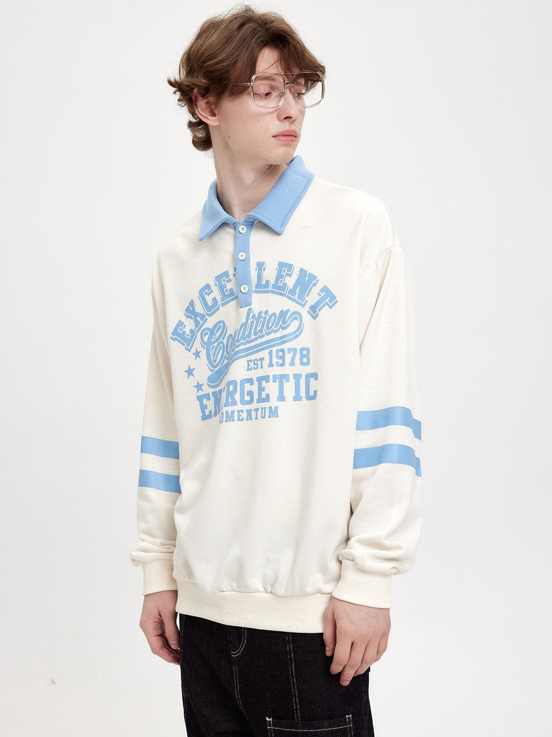 Helmiss - Vintage Letter Striped Polo Sweatshirt- Streetwear Fashion - helmiss.com