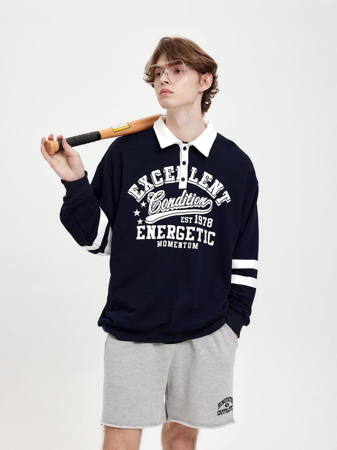 Helmiss - Vintage Letter Striped Polo Sweatshirt- Streetwear Fashion - helmiss.com