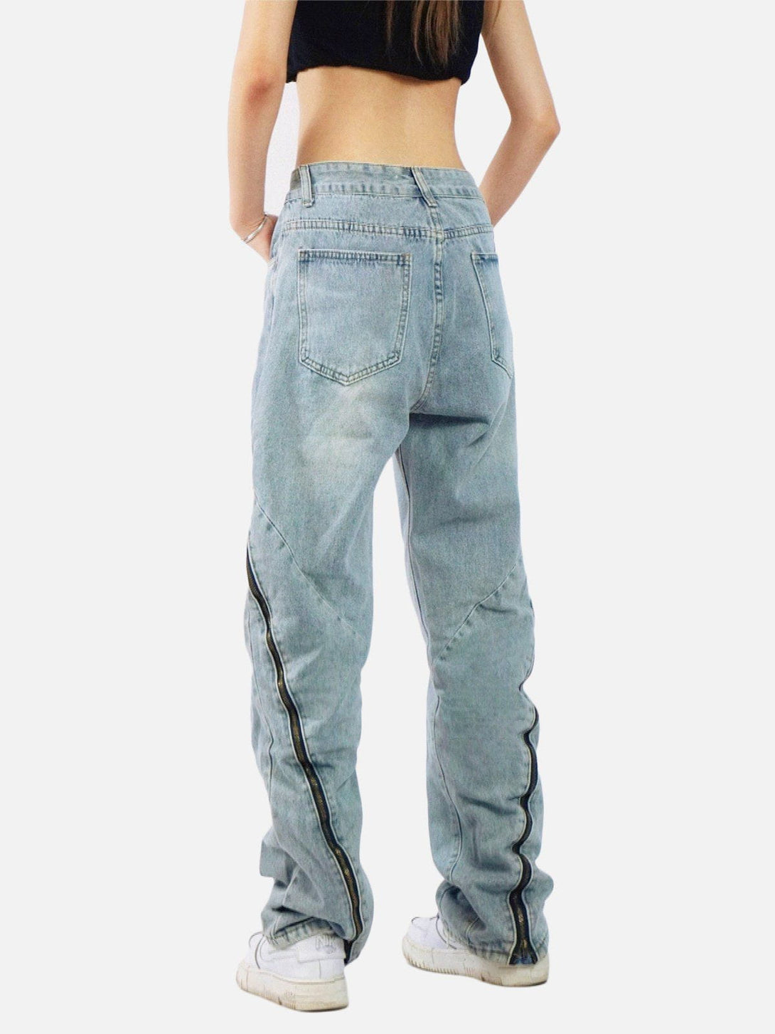 Helmiss - Vintage Wash Adjustable Zip Jeans- Streetwear Fashion - helmiss.com