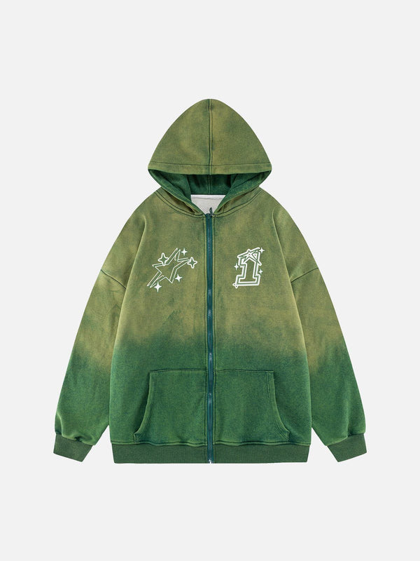 Helmiss - Vintage Wash Gradient Star Print Zip Hoodie- Streetwear Fashion - helmiss.com