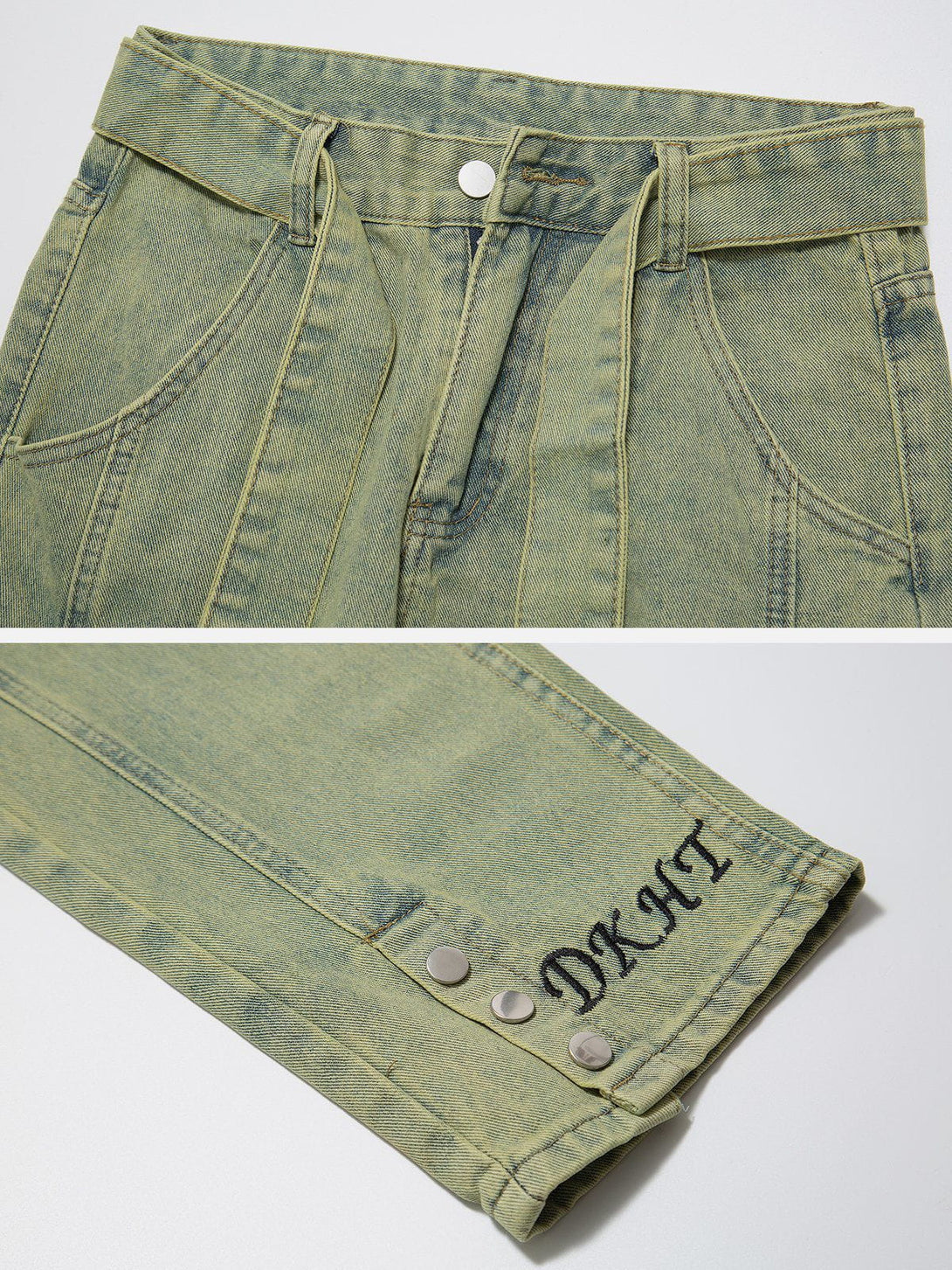 Helmiss - Vintage Washed Button Slit Jeans- Streetwear Fashion - helmiss.com