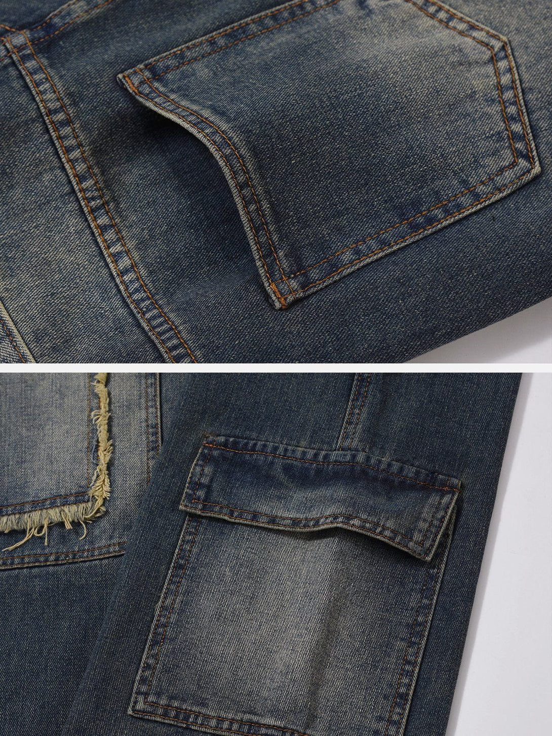 Helmiss - Vintage Washed Multi-Pocket Raw Jeans- Streetwear Fashion - helmiss.com