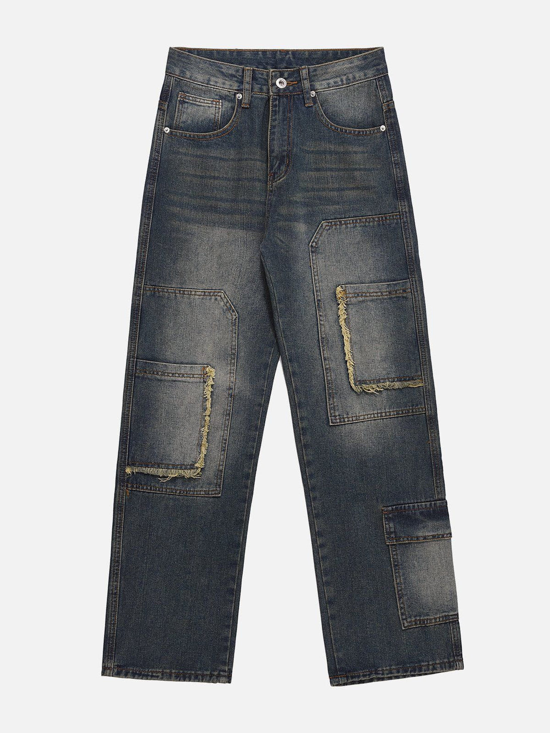 Helmiss - Vintage Washed Multi-Pocket Raw Jeans- Streetwear Fashion - helmiss.com