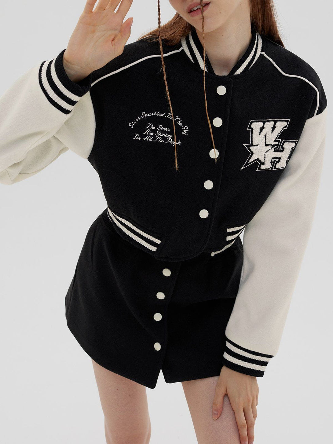 Helmiss - "WH" Embroidered Cropped Varsity Jacket- Streetwear Fashion - helmiss.com