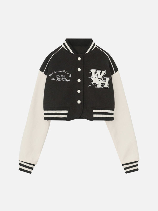 Helmiss - "WH" Embroidered Cropped Varsity Jacket- Streetwear Fashion - helmiss.com