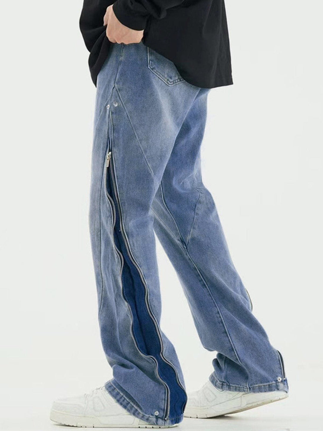 Helmiss - Washed Old Zipper Micro Horn Jeans- Streetwear Fashion - helmiss.com