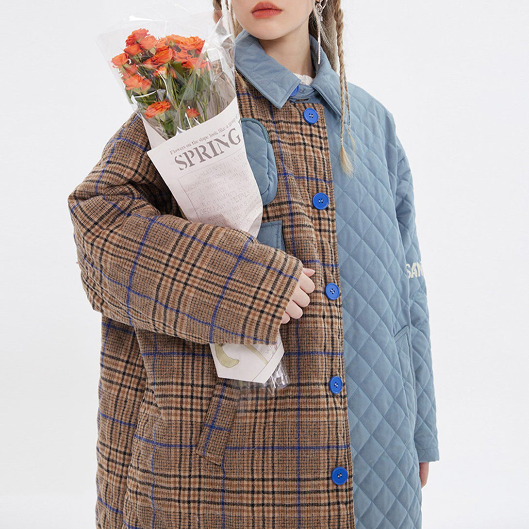 Helmiss - Woolen Plaid Stitching Winter Coat- Streetwear Fashion - helmiss.com