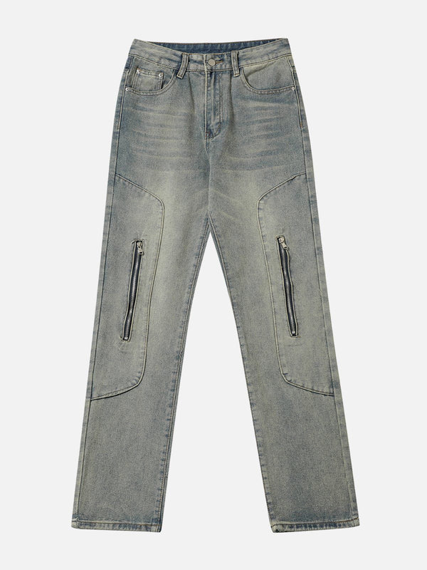 Helmiss - Zipper Decoration Washed Patchwork Jeans- Streetwear Fashion - helmiss.com