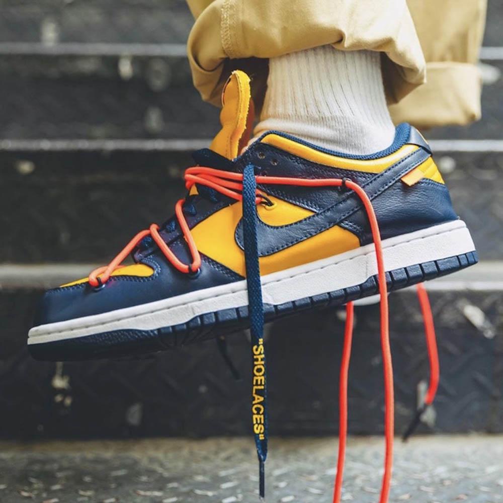 OFF-WHITE x Nike Dunk Low 'University Gold'- Streetwear Fashion - helmiss.com