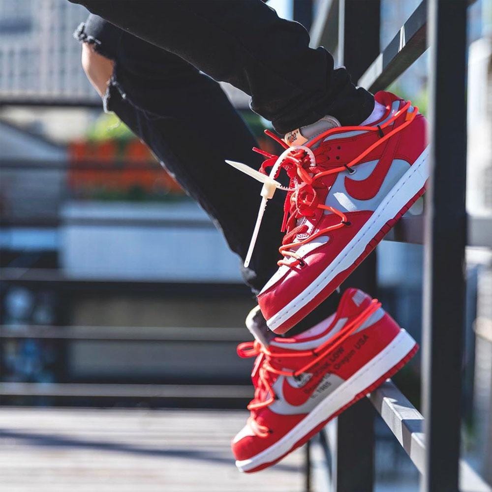 OFF-WHITE x Nike Dunk Low 'University Red'- Streetwear Fashion - helmiss.com